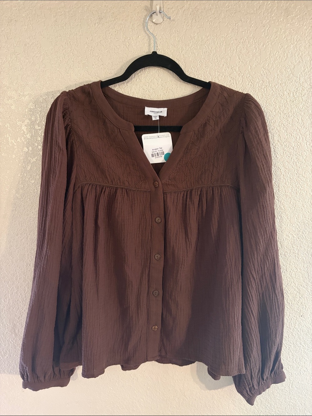 🤎NWT Anniewear “Aniston Top” 💯% Cotton🙌🏻 Button-Down w/Embroidery Chocolate🍫 XL - Picture 5 of 11